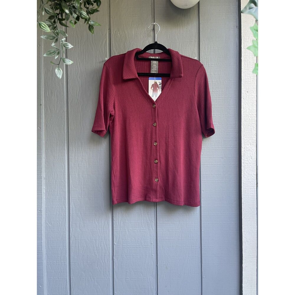 Matty M Berry Ribbed Button Front Collared Top Size L NWT